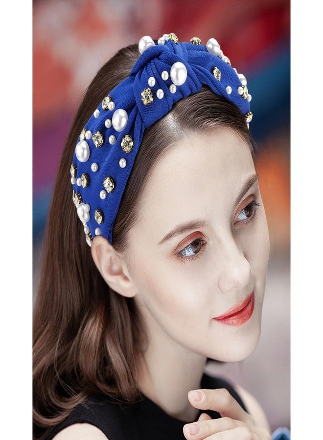Atoden Knotted Headbands with Pearl Rhinestone Royal Blue Headband Wide Top Knot Headbands Beaded Crystal Jeweled Head Bands Embellished Sparkly Hair Bands Hair Accessories for Women Girls - Image 2
